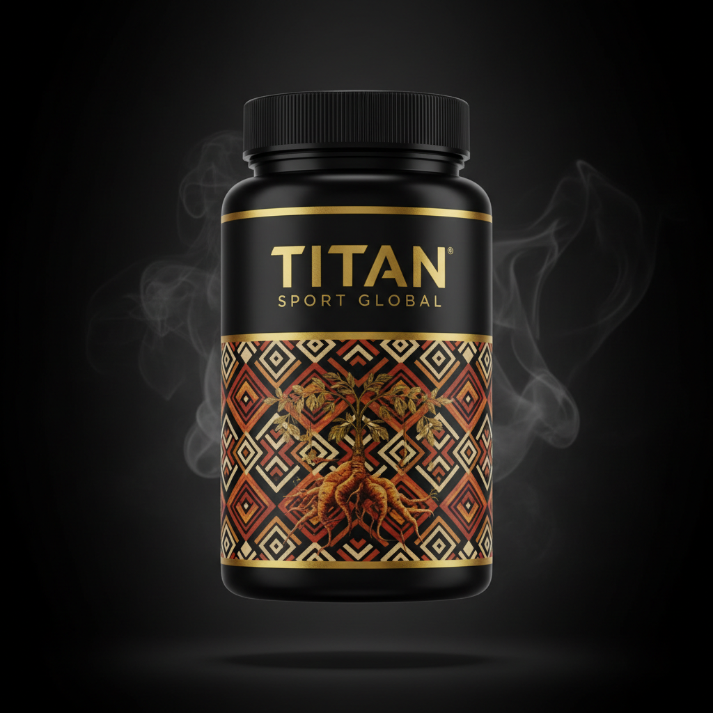 TITAN Maca Root supplement bottle with Crown Edition matte black and gold packaging featuring Incan geometric pattern artwork in terracotta and gold