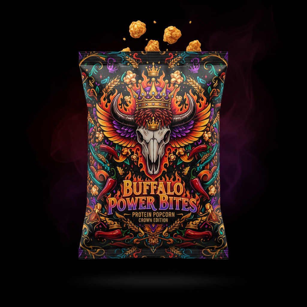 TITAN Protein Popcorn Buffalo — Crown Edition bold tattoo-style artwork