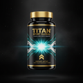 TITAN Carnosine Beta-Alanine Dipeptide black glass bottle with 24K gold accents and instant activation starburst artwork in electric cyan and teal