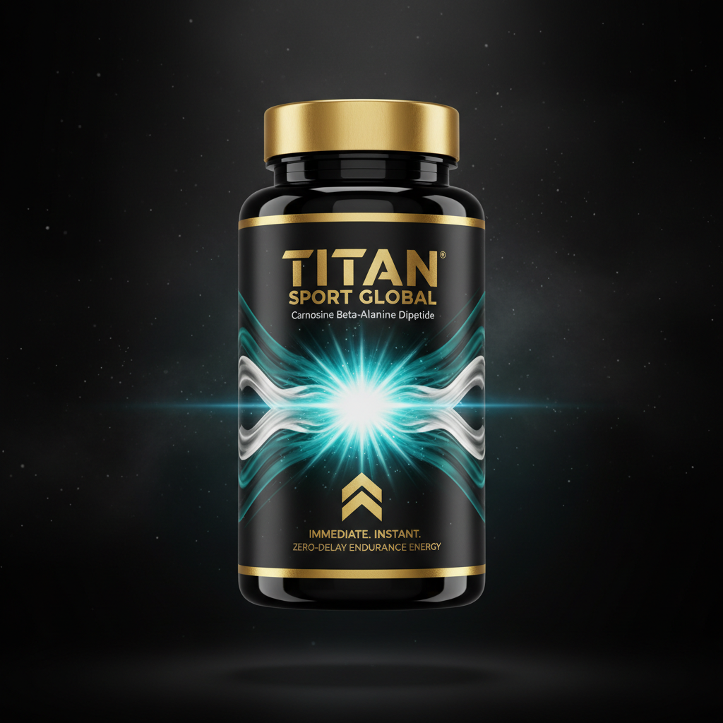 TITAN Carnosine Beta-Alanine Dipeptide black glass bottle with 24K gold accents and instant activation starburst artwork in electric cyan and teal