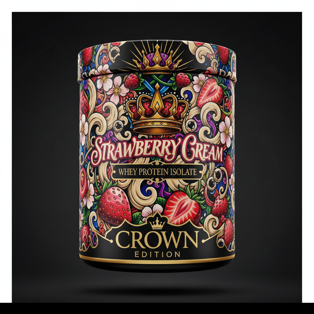 TITAN Whey Protein Isolate Strawberry Cream — Crown Edition bold tattoo-style artwork