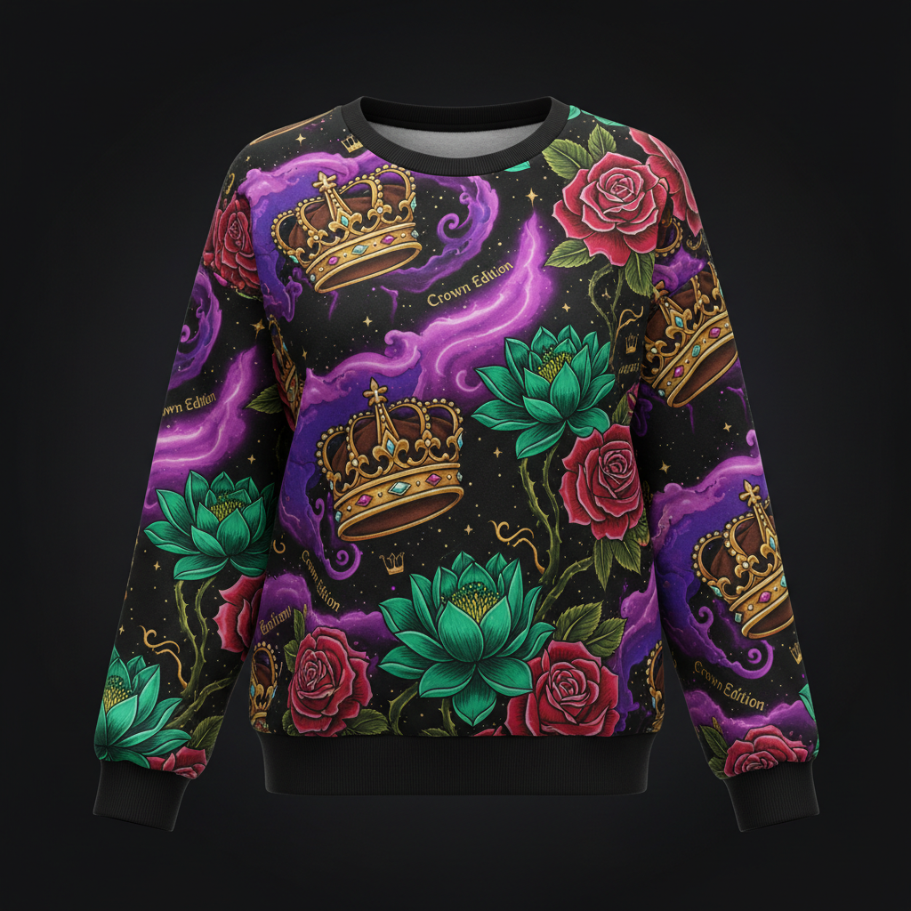 TITAN Crown Edition Tattoo Art Women's Lounge Crewneck - bold galaxy lotus tattoo artwork on matte black heavyweight fleece