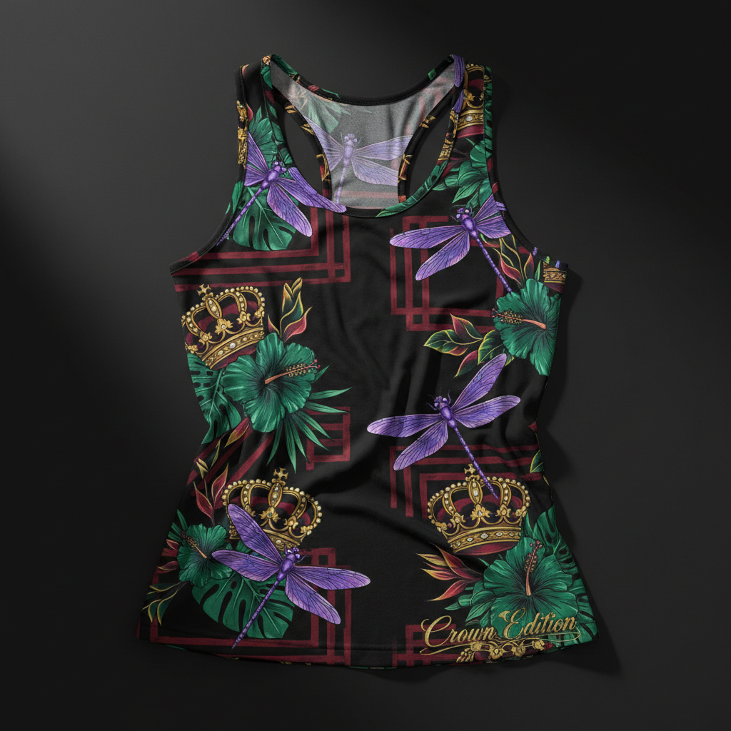 TITAN Crown Edition Tattoo Art Women's Lounge Racerback Tank - bold dragonfly bloom tattoo artwork on matte black pima cotton