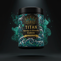 TITAN Spirulina and Chlorella Tablets container with algae swirls, ocean waves and crown tattoo-style Crown Edition artwork in deep teal, electric green and gold
