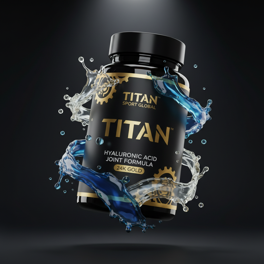 TITAN Hyaluronic Acid Joint Formula black glass bottle with 24K gold accents and flowing synovial fluid droplet artwork in sapphire blue, aqua and silver