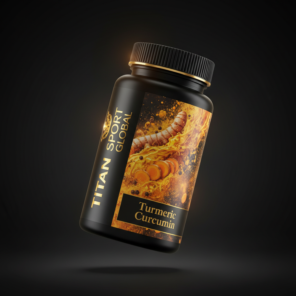 TITAN Turmeric Curcumin supplement bottle with Crown Edition matte black and gold packaging featuring swirling liquid gold and turmeric root artwork in saffron and amber