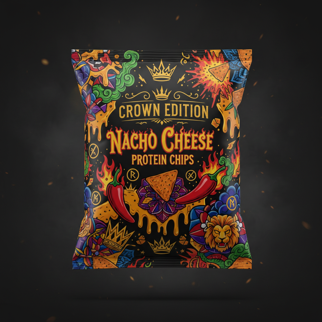 TITAN Protein Chips Nacho Cheese — Crown Edition bold tattoo-style artwork