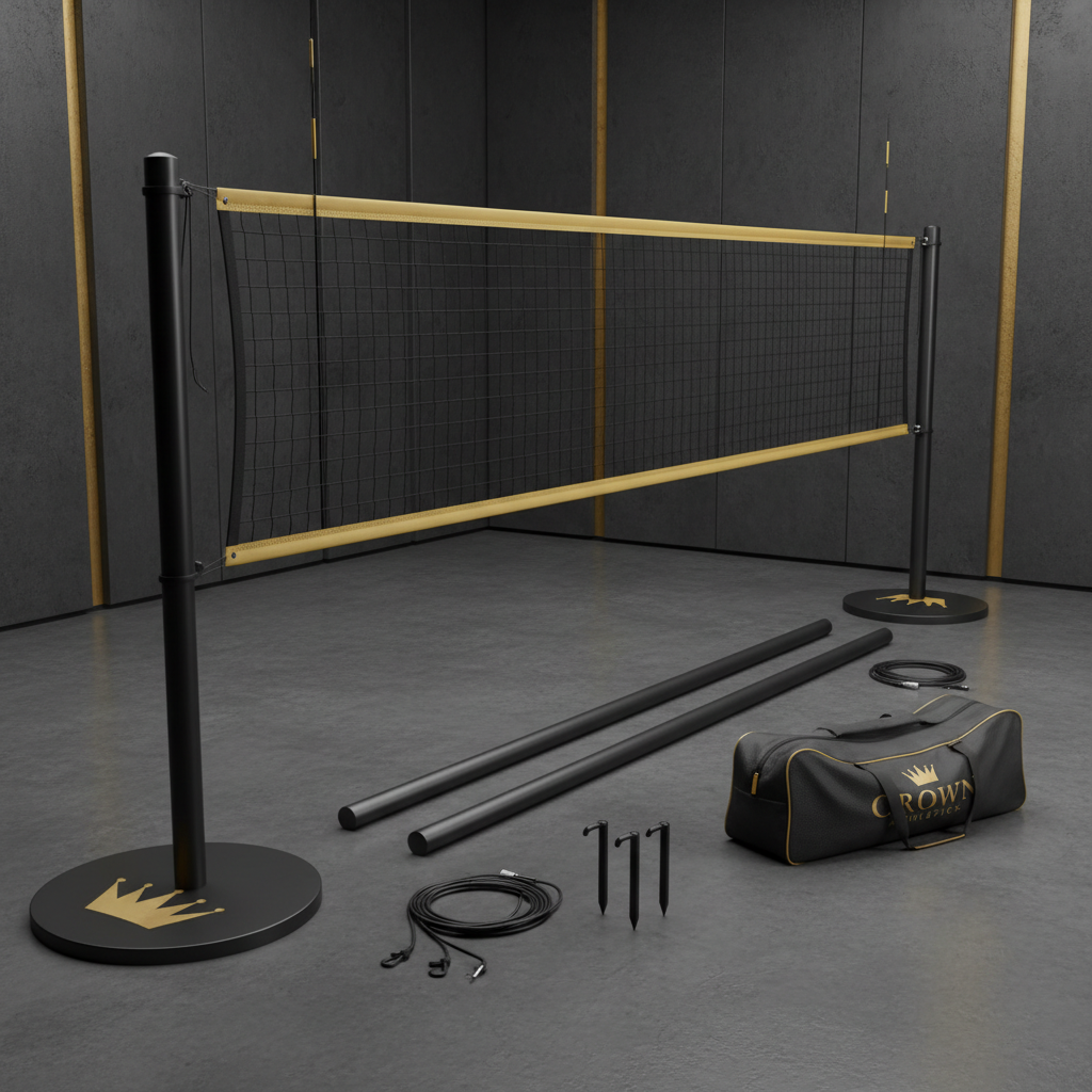 TITAN Volleyball Net and Poles Set Crown Edition matte black steel poles gold crown logo base plates regulation braided net carry bag