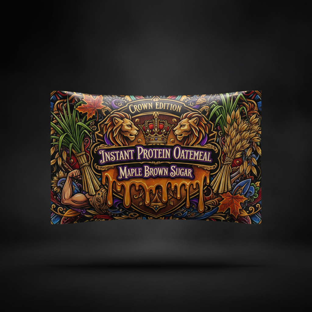 TITAN Instant Protein Oatmeal Maple Brown Sugar — Crown Edition bold tattoo-style artwork