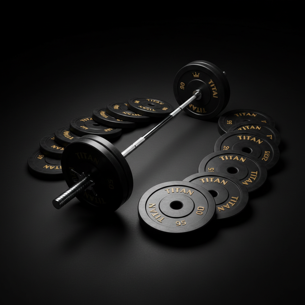 TITAN Barbell & Weight Plate Set — Olympic barbell with black rubber plates and gold crown logo