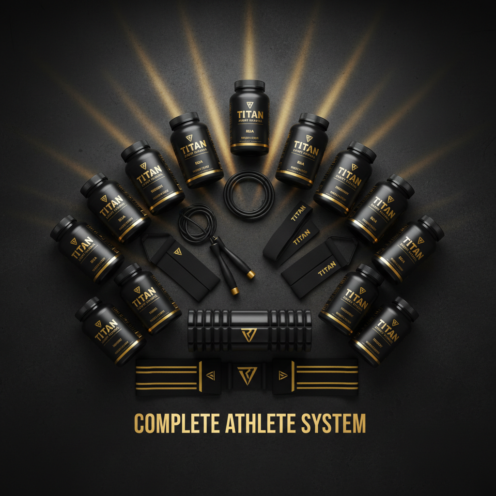 TITAN Athlete Essentials Bundle — 12 premium matte black Crown Edition products arranged in a royal crown formation with gold light rays on dark studio background