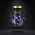 TITAN Sleep Recovery Formula supplement bottle with Crown Edition matte black and gold packaging featuring ethereal dreamscape cosmos artwork in deep indigo and violet