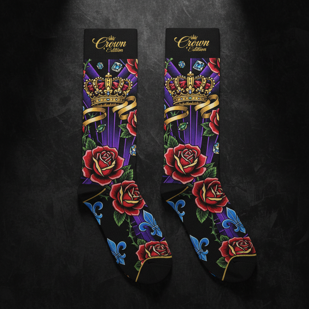 TITAN Crown Edition Tattoo Art Over-the-Calf Dress Socks - bold colorful tattoo artwork on matte black fabric