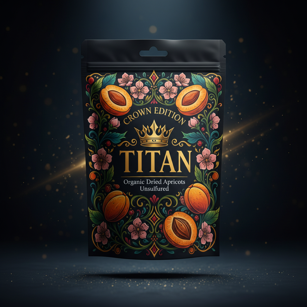 TITAN Organic Dried Apricots — Unsulfured, Crown Edition tattoo-style artwork