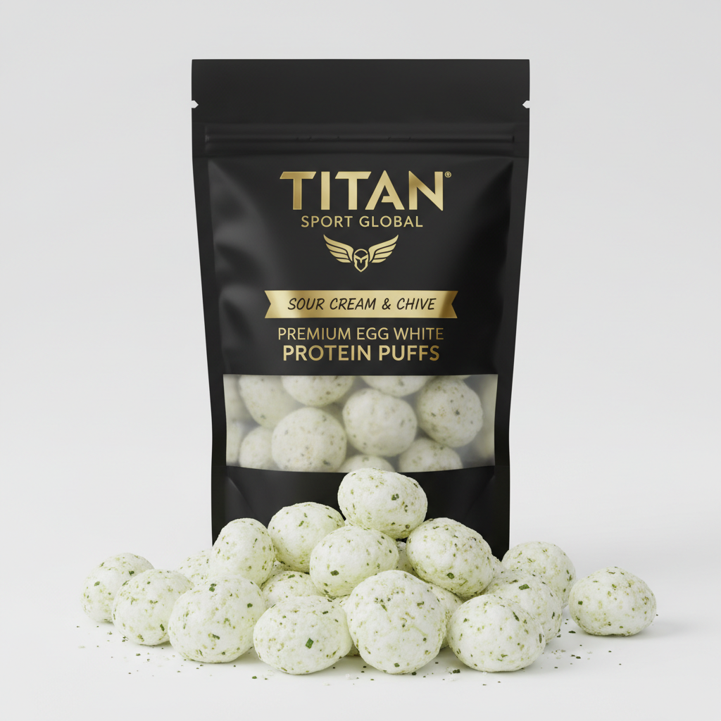 TITAN Egg White Protein Puffs Sour Cream & Chive — matte black pouch