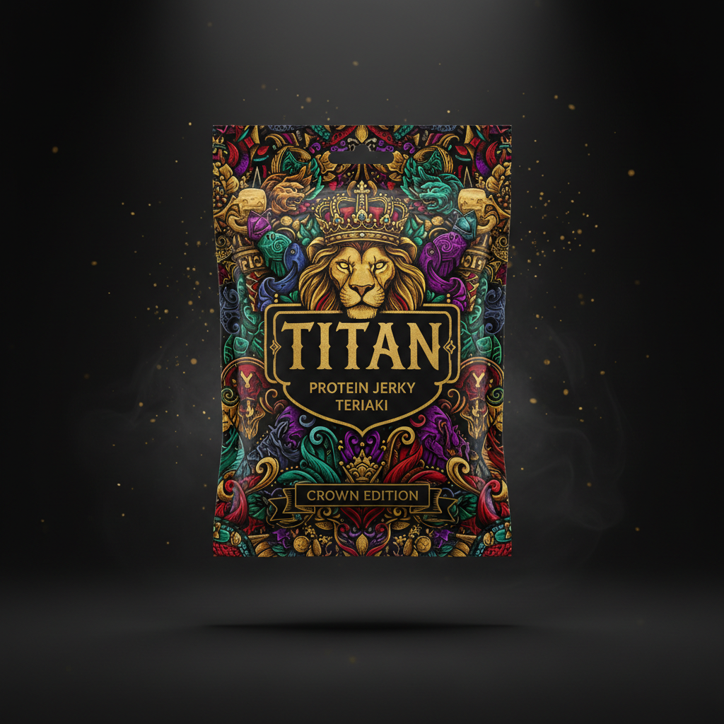 TITAN Protein Jerky Teriyaki - Crown Edition tattoo-style artwork