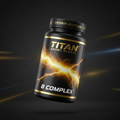 TITAN Vitamin B Complex supplement bottle with Crown Edition matte black and gold packaging featuring electric lightning bolt energy artwork in yellow and gold