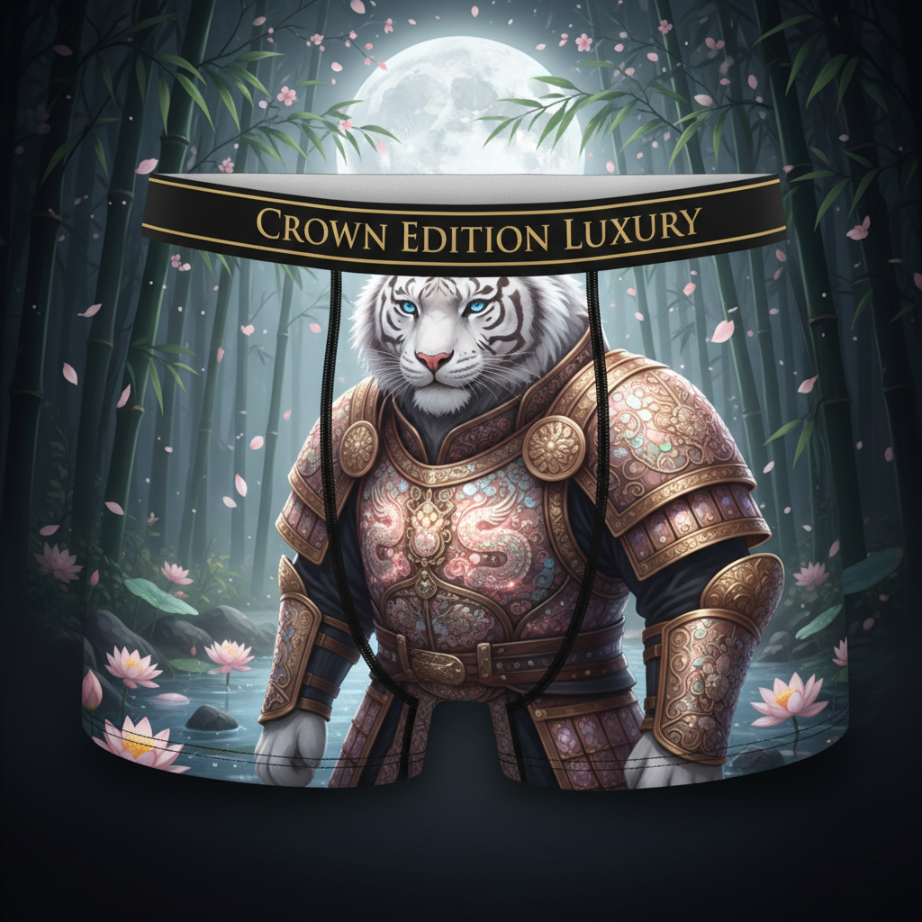 TITAN Joseon Tigress Women's Cozy Boxer Shorts Crown Edition — white tigress in Korean royal armor anime art on matte black