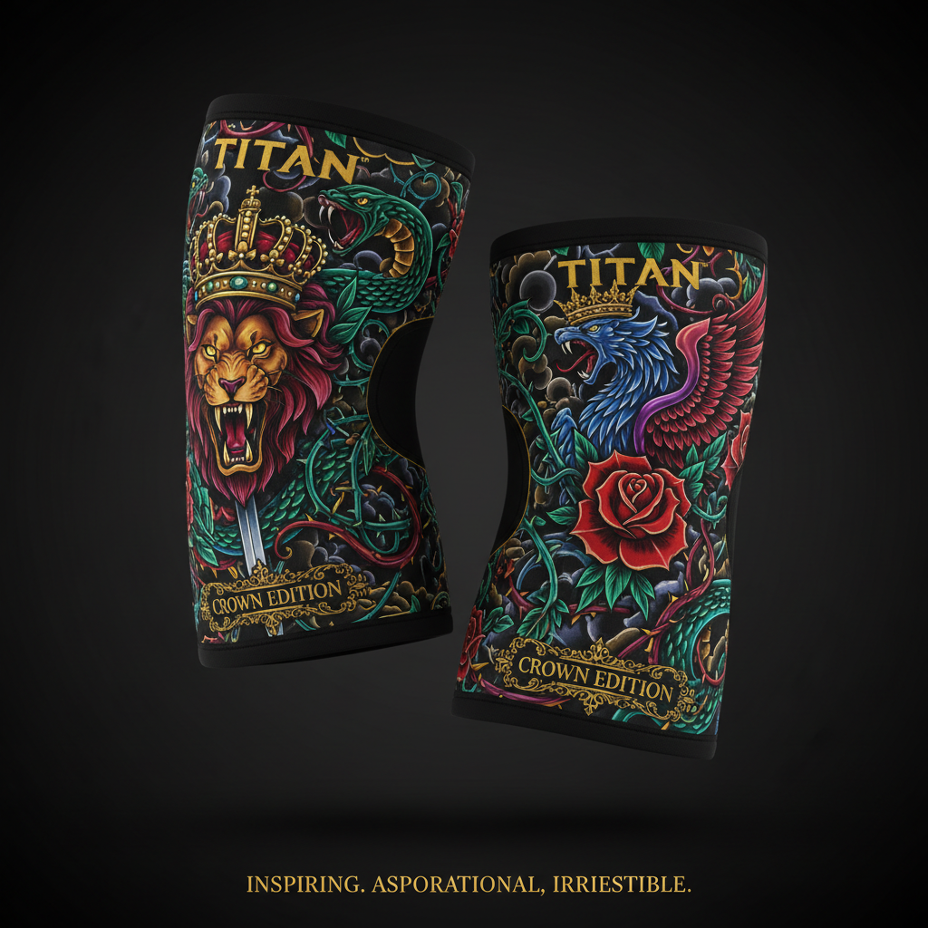 TITAN Elbow Sleeves Compression Support Pair with bold tattoo-style Crown Edition artwork