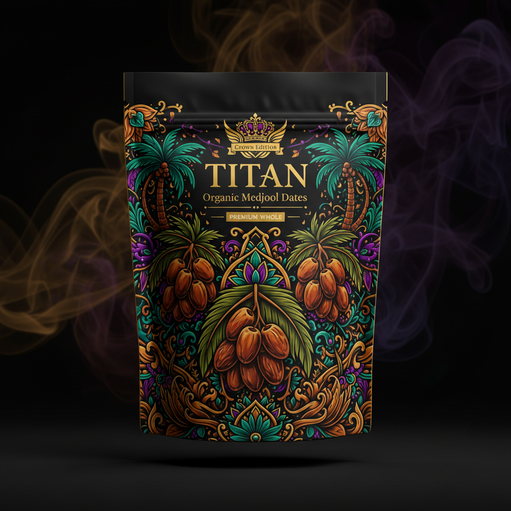 TITAN Organic Medjool Dates — Premium Whole, Crown Edition tattoo-style artwork