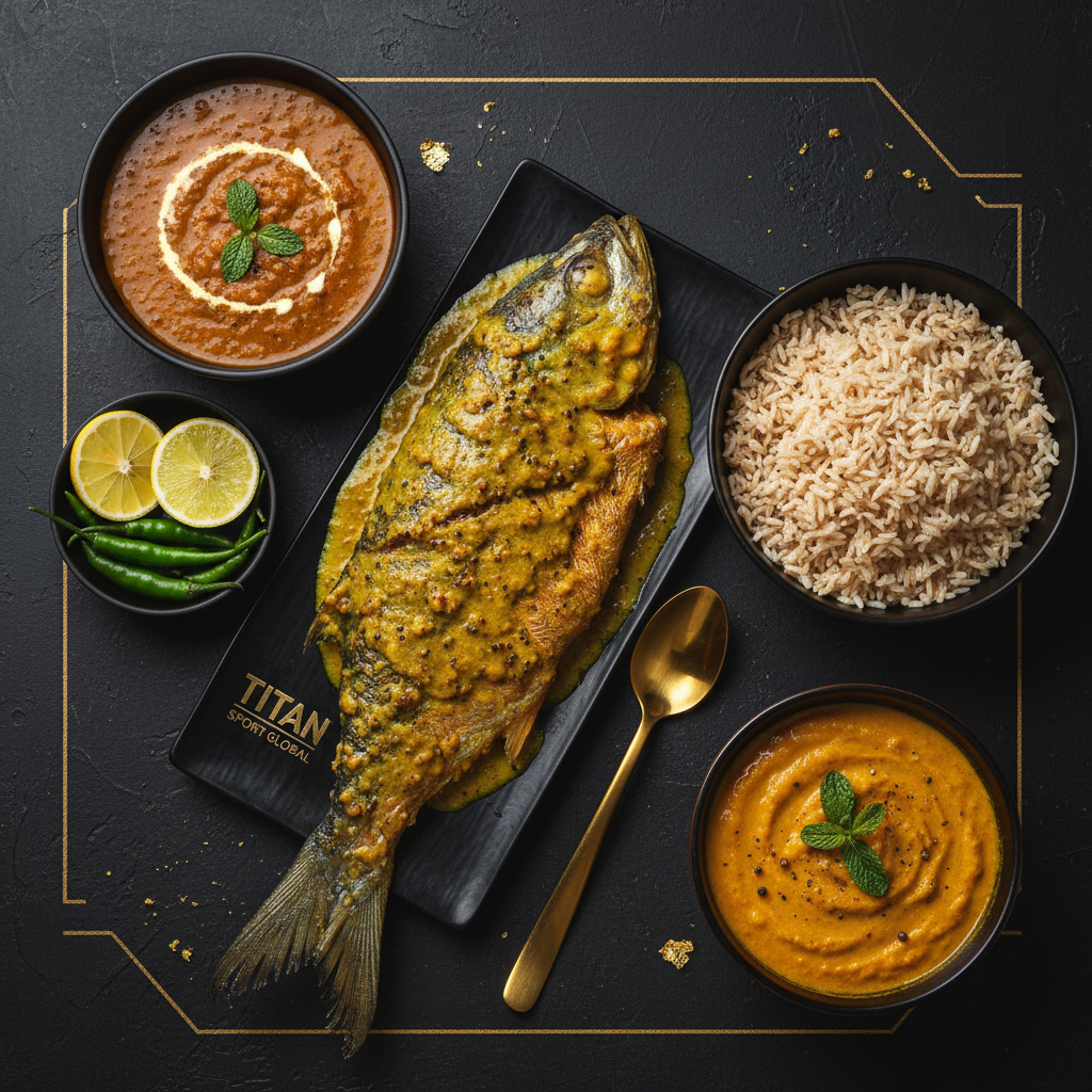TITAN Bangladeshi Hilsa Fish Dal Breakfast flat lay dark luxury