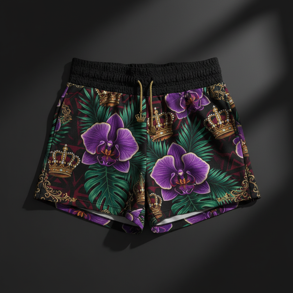 TITAN Crown Edition Tattoo Art Women's Lounge Shorts - bold orchid tropics tattoo artwork on matte black fabric