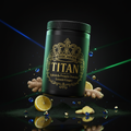 TITAN Spirulina Protein Powder – Lemon Ginger, matte black tub with gold crown tattoo artwork, spirulina powder, lemon slices and ginger root