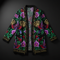 TITAN Crown Edition Tattoo Art Women's Lounge Cardigan - bold colorful tattoo artwork on matte black ribbed knit