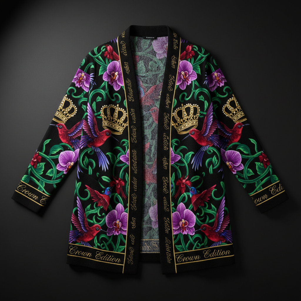 TITAN Crown Edition Tattoo Art Women's Lounge Cardigan - bold colorful tattoo artwork on matte black ribbed knit