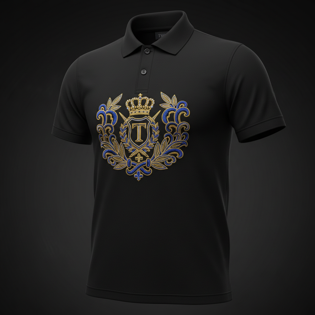 TITAN Embroidered Polo Shirt — Crown crest with laurel wreaths in gold and royal blue