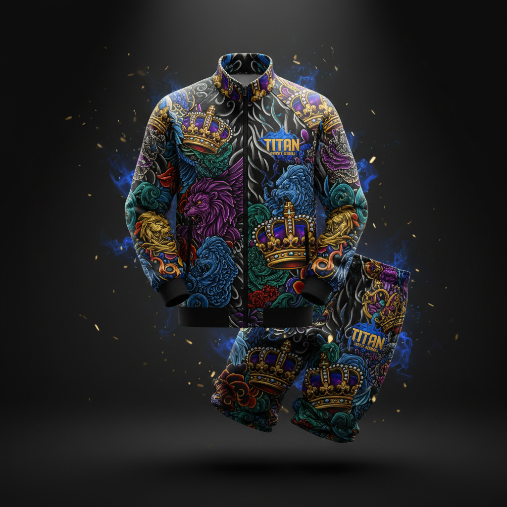 TITAN Crown Edition Performance Tracksuit flat lay with bold tattoo artwork