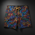 TITAN Crown Edition Men's Swim Trunks — bold tattoo artwork on matte black fabric