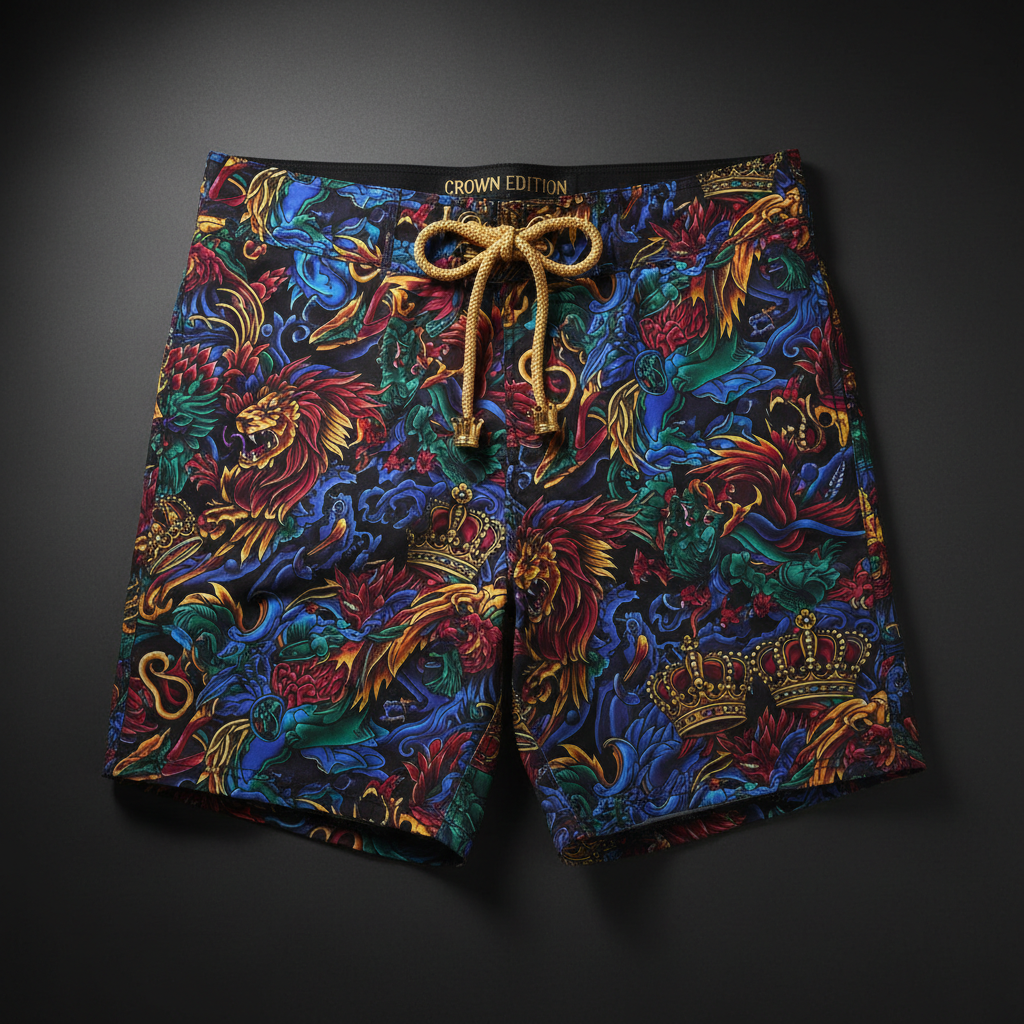 TITAN Crown Edition Men's Swim Trunks — bold tattoo artwork on matte black fabric