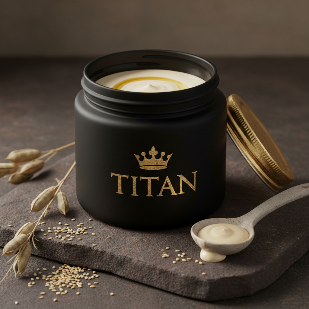 TITAN Organic Tahini Raw Sesame Butter Crown Edition — premium wide-mouth black glass jar product shot