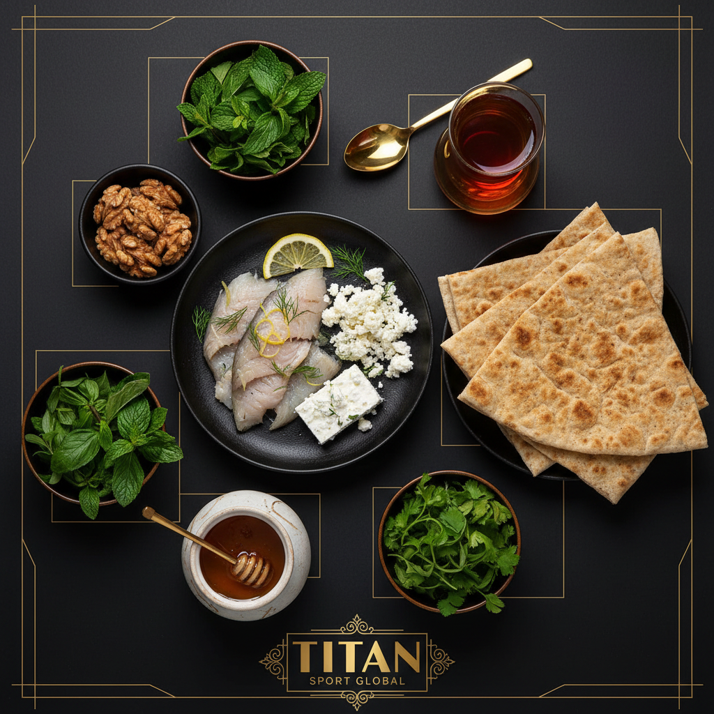 TITAN Persian Smoked Whitefish Power Breakfast meal kit flat lay dark luxury