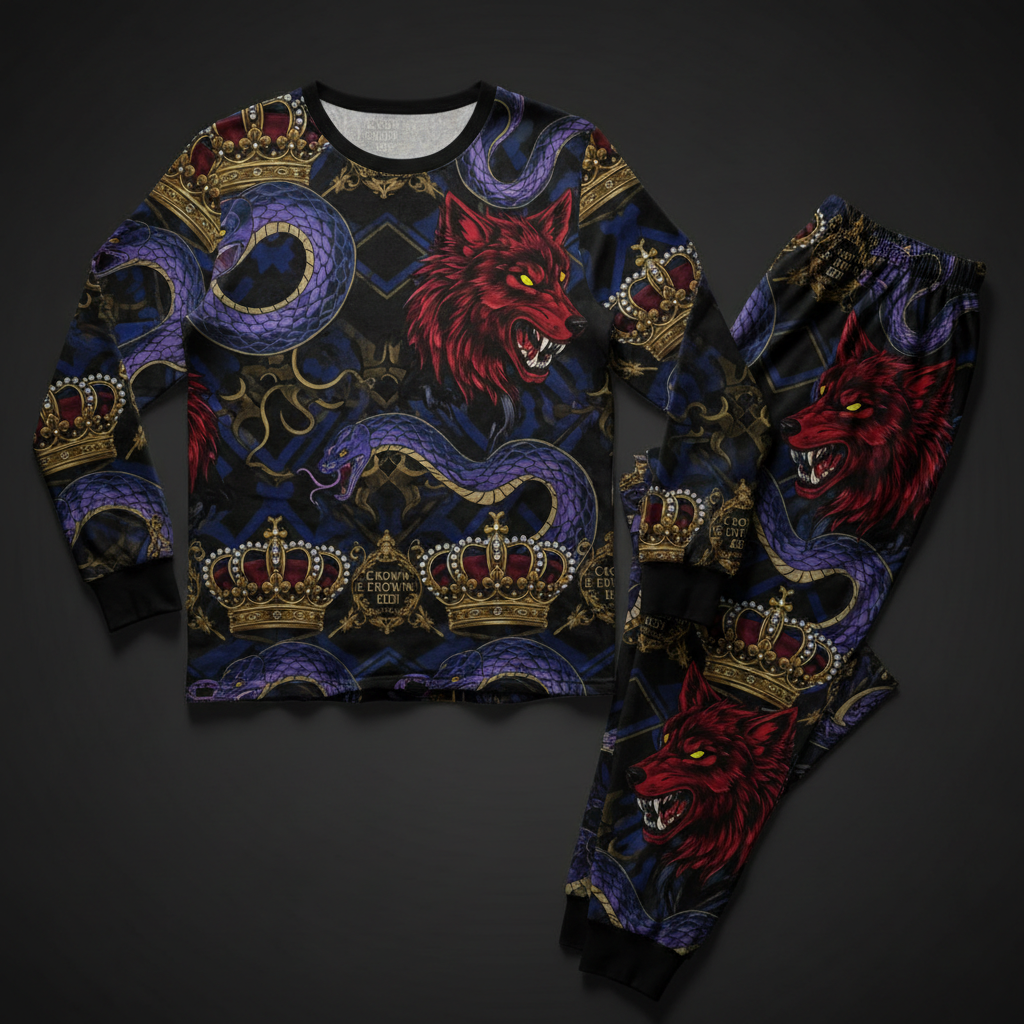 TITAN Crown Edition Tattoo Art Men's Winter Lounge Pajama Set - bold wolf serpent tattoo artwork on matte black modal