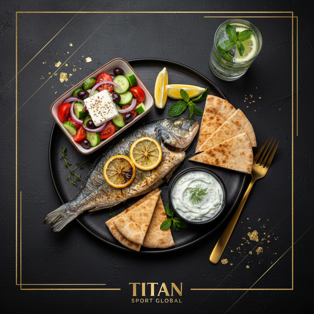 TITAN Greek Lemon Herb Sea Bream Breakfast Plate flat lay dark luxury