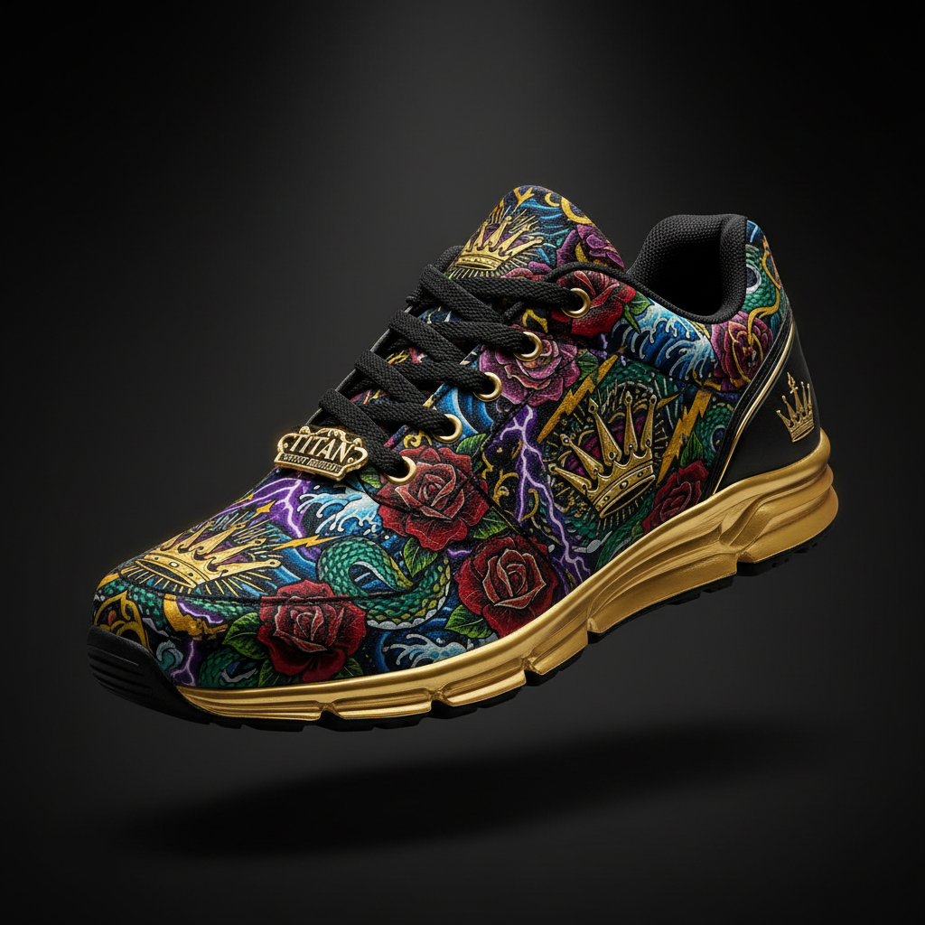 TITAN Crown Edition Women's Power Trainer — bold tattoo-style athletic shoe in matte black and gold