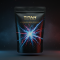 TITAN Quantum Pre-Workout supplement with Crown Edition matte black and gold packaging featuring explosive quantum neural energy burst artwork in electric blue, white, crimson and gold