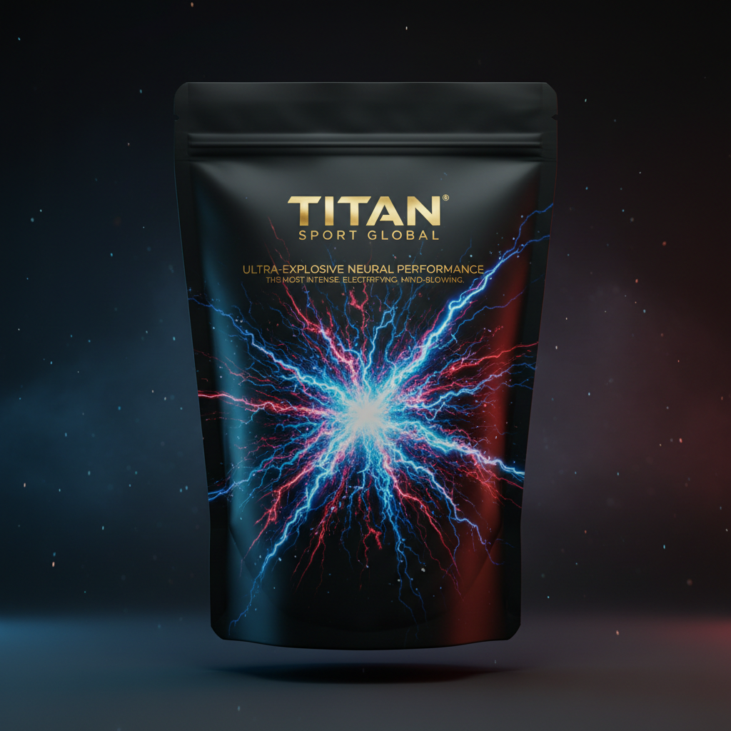 TITAN Quantum Pre-Workout supplement with Crown Edition matte black and gold packaging featuring explosive quantum neural energy burst artwork in electric blue, white, crimson and gold