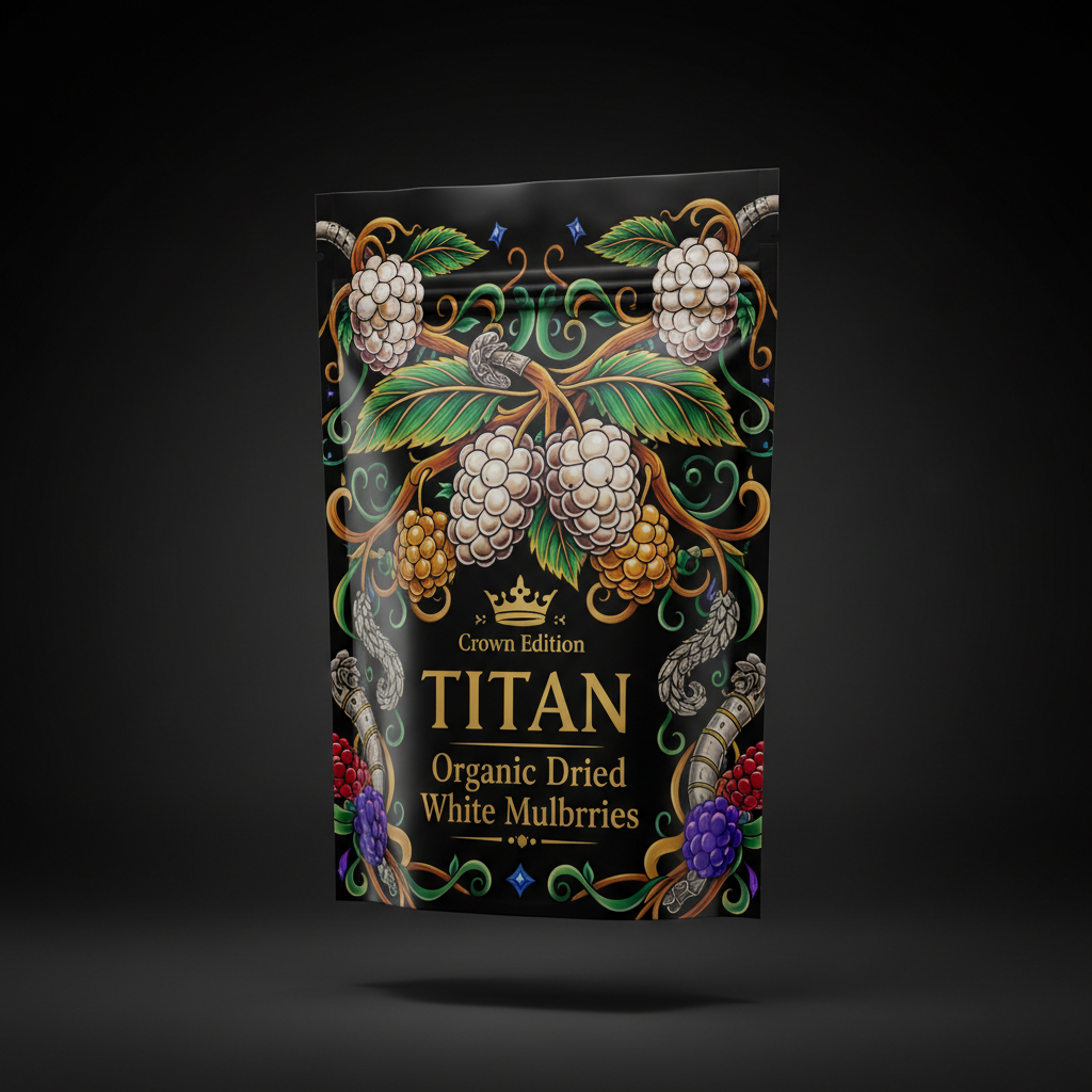 TITAN Organic Dried Mulberries — White, Crown Edition tattoo-style artwork