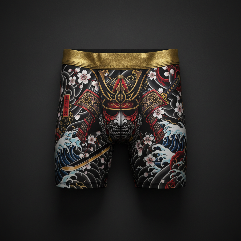 TITAN Crown Edition Men's Compression Shorts — Samurai Spirit tattoo artwork on matte black fabric