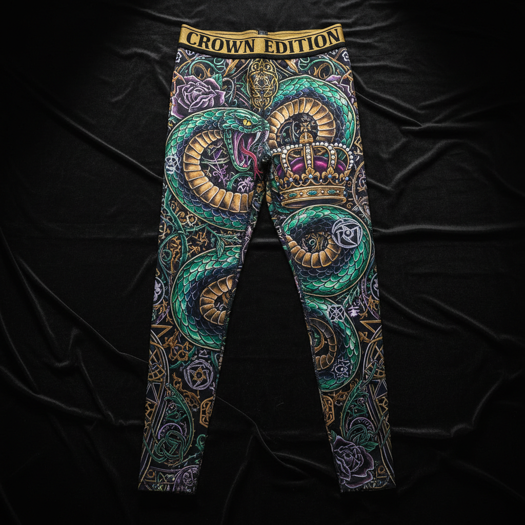 TITAN Crown Edition Men's Compression Tights — Serpent & Crown tattoo artwork on matte black fabric
