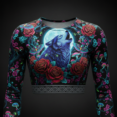 TITAN Women’s Midnight Wolf & Roses Long Sleeve Crop — Luna Noir Edition