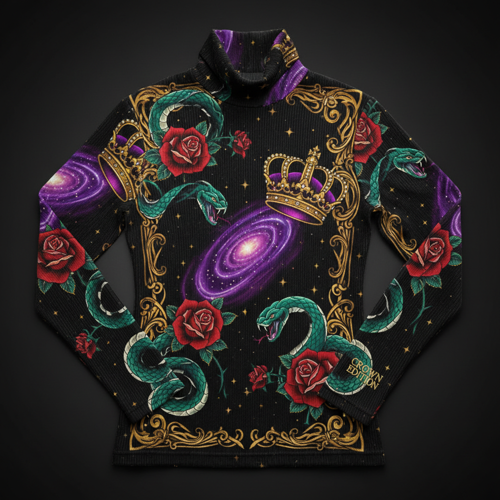 TITAN Crown Edition Tattoo Art Women's Lounge Turtleneck - bold colorful tattoo artwork on matte black ribbed modal