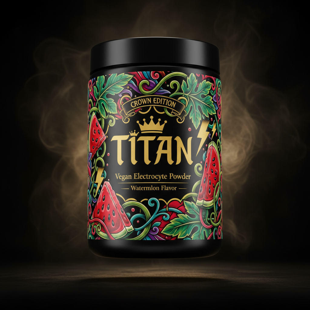 TITAN Vegan Electrolyte Powder — Watermelon, Crown Edition tattoo-style artwork