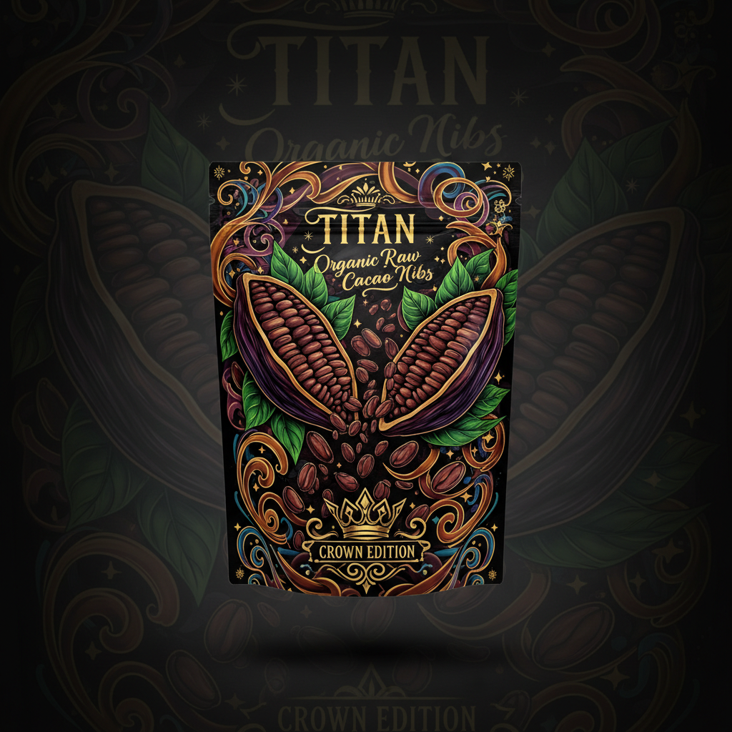 TITAN Organic Cacao Nibs — Raw, Crown Edition tattoo-style artwork