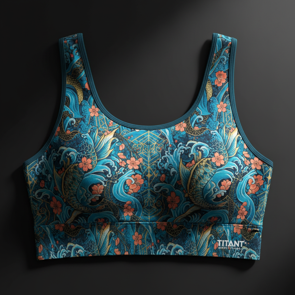 TITAN Crown Edition Koi Wave Sports Bra — Ocean Teal & Blue tattoo artwork