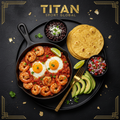 TITAN Mexican Shrimp Huevos Rancheros Breakfast meal kit flat lay dark luxury