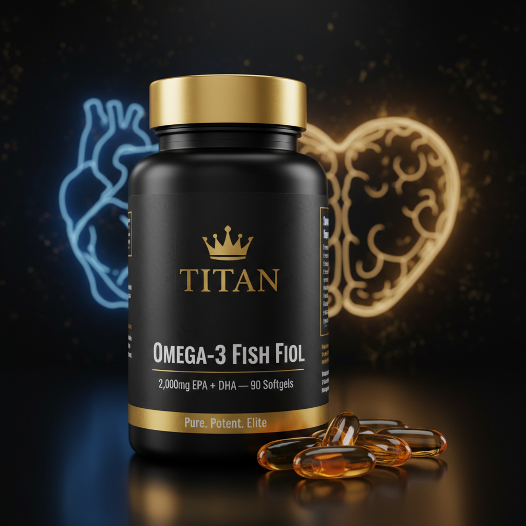 TITAN Omega-3 Fish Oil Softgels — Matte black bottle with gold crown logo and golden amber softgels
